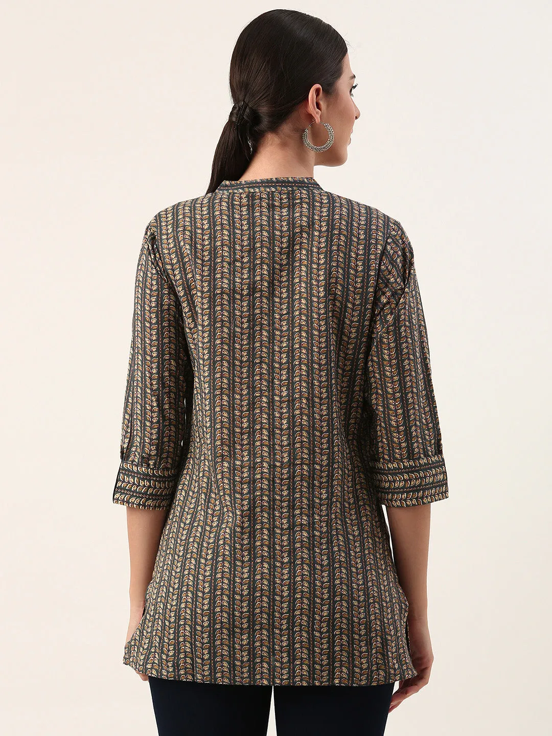Blue Mandarin Collar Leaf Print Cotton Tunic