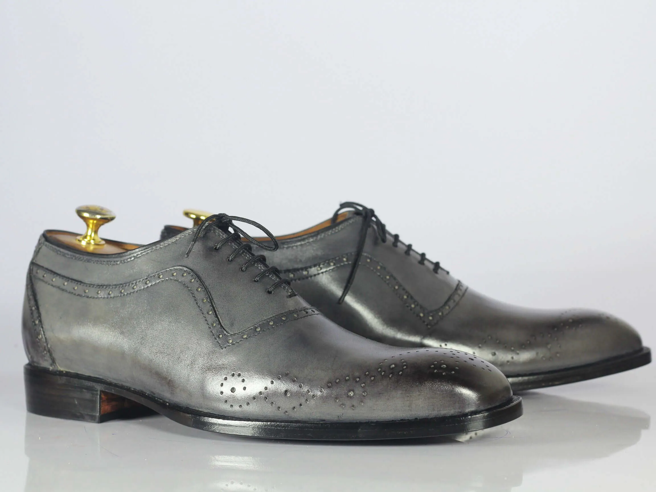 Handmade Men's Gray Leather Wing Tip Brogue Shoe, Men Lace Up Dress Formal Shoes